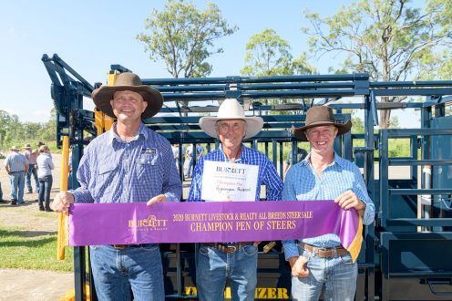 Champion Pen of Steers Pictured: Lance Whitaker with Les & Ewan Rockemer from Gigoomgan Pastoral. The winners take home this amazing Leichts CIA crush. | Burnett Livestock & Realty